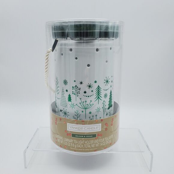 Yankee Candle Luminary Tea Light Holder Balsam & Cedar Green & White Holiday New - Picture 13 of 13